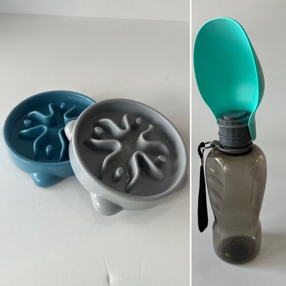 Other - Set of 2 Blue & Gray Slow Puzzle Feeder Dog Bowls & Portable Water Bottle 27 oz